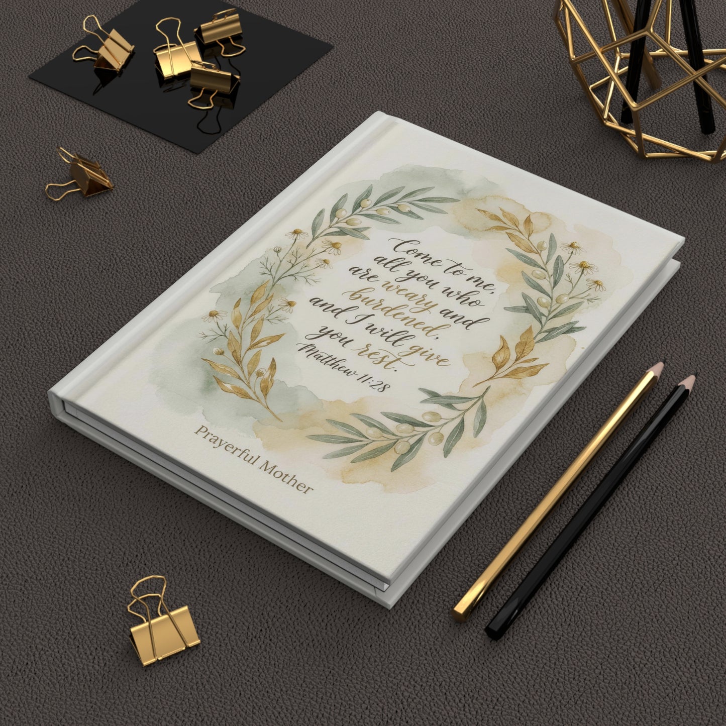 Prayerful Mother Hardcover Journal — "Come to me, all you who are weary" Bible Verse Notebook