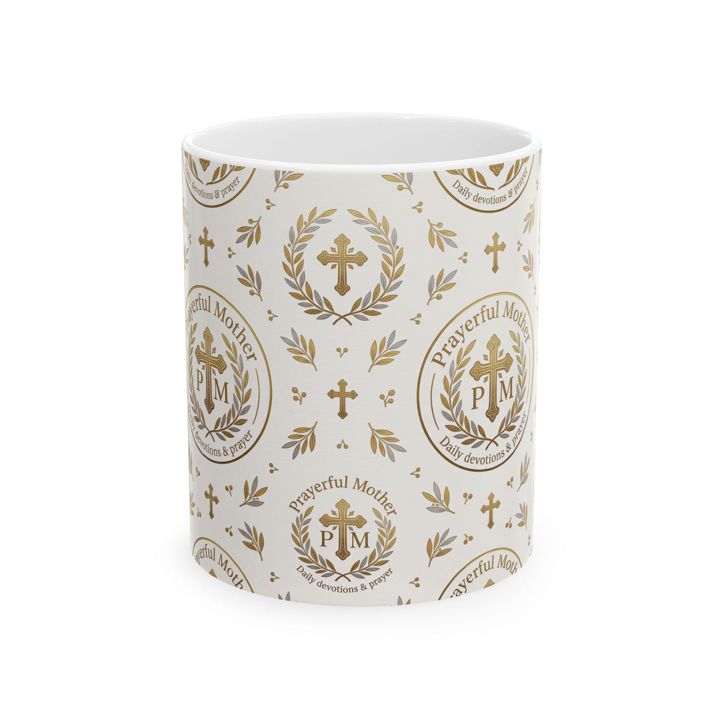 Religious Gold Crest Ceramic Mug (11oz & 15oz) — 'Prayerful Mother' Pattern