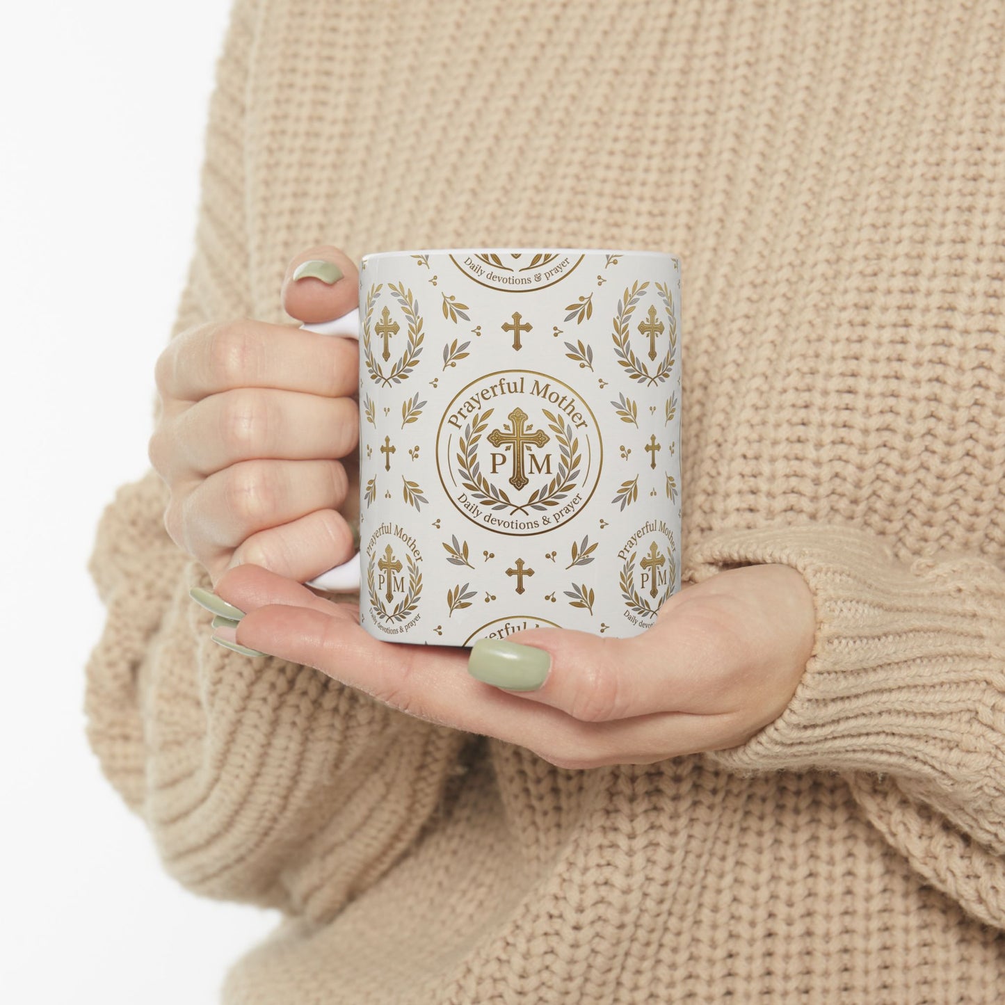 Religious Gold Crest Ceramic Mug (11oz & 15oz) — 'Prayerful Mother' Pattern