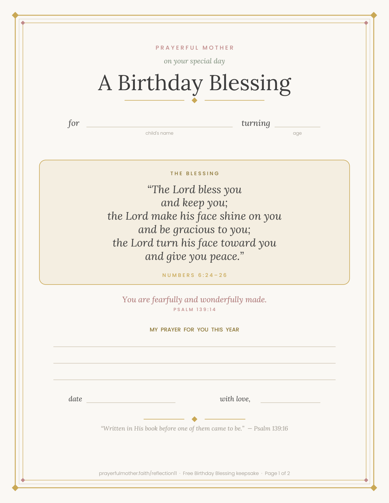 The Birthday Blessing certificate — Numbers 6:24–26, name, age and prayer lines