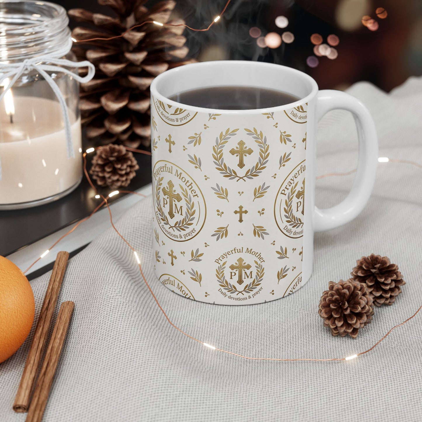 Religious Gold Crest Ceramic Mug (11oz & 15oz) — 'Prayerful Mother' Pattern