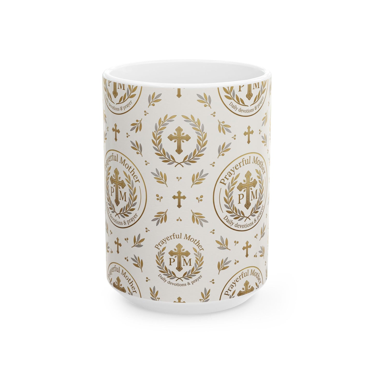 Religious Gold Crest Ceramic Mug (11oz & 15oz) — 'Prayerful Mother' Pattern