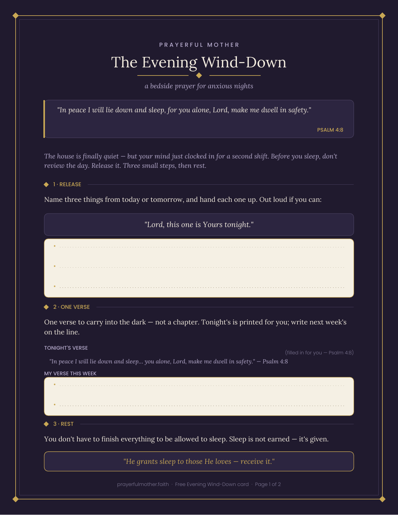 Evening Wind-Down — Free Printable Bedside Prayer Card for Anxious Nights (Psalm 4:8)
