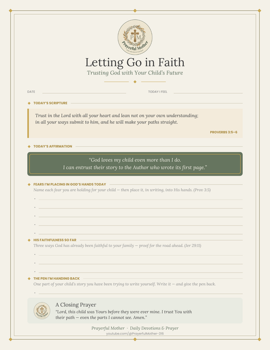 Letting Go in Faith reflection sheet — full page preview, Proverbs 3:5–6 printable for mothers