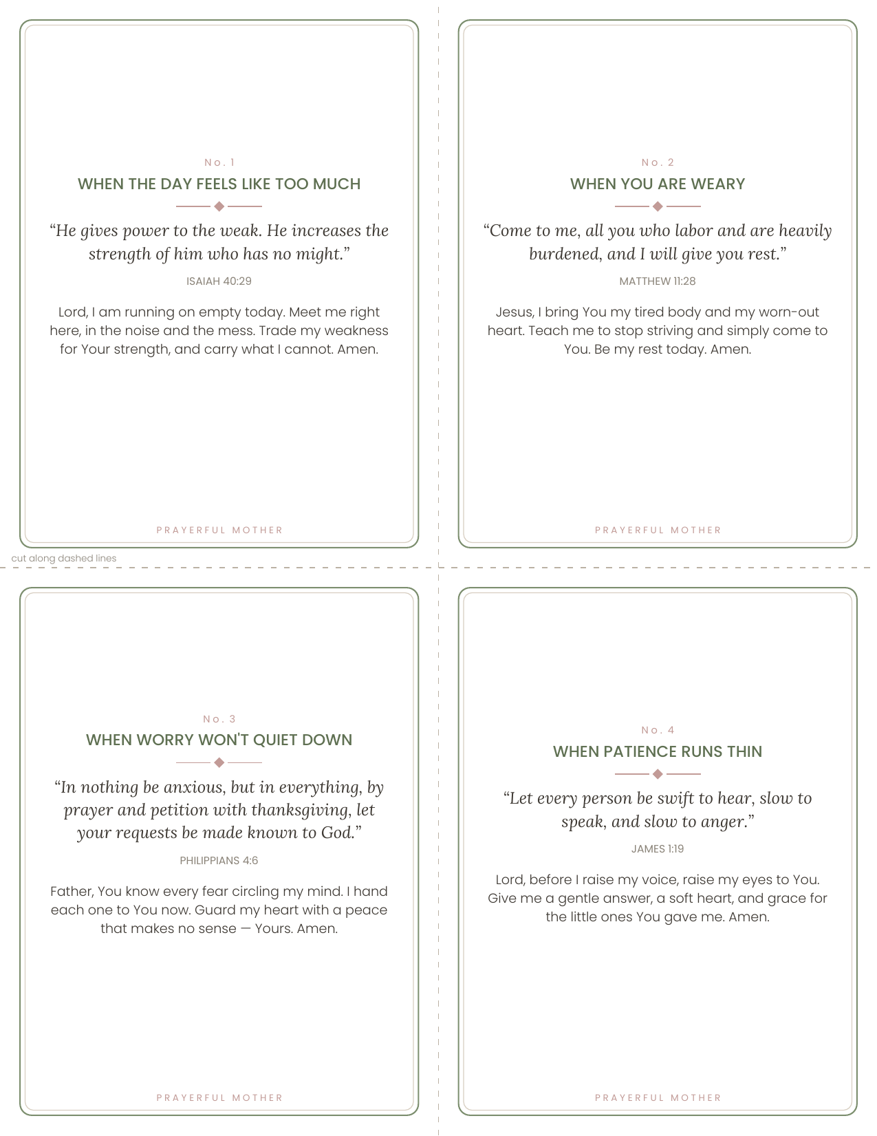 Preview of four printable prayer cards for moms with scripture and short prayers