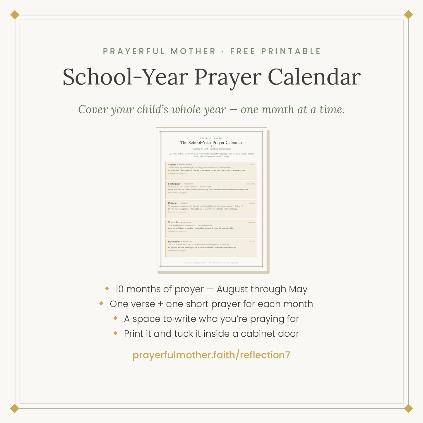 School-Year Prayer Calendar — Free Printable Monthly Prayer for Your Child's School Year (Isaiah 54:13)