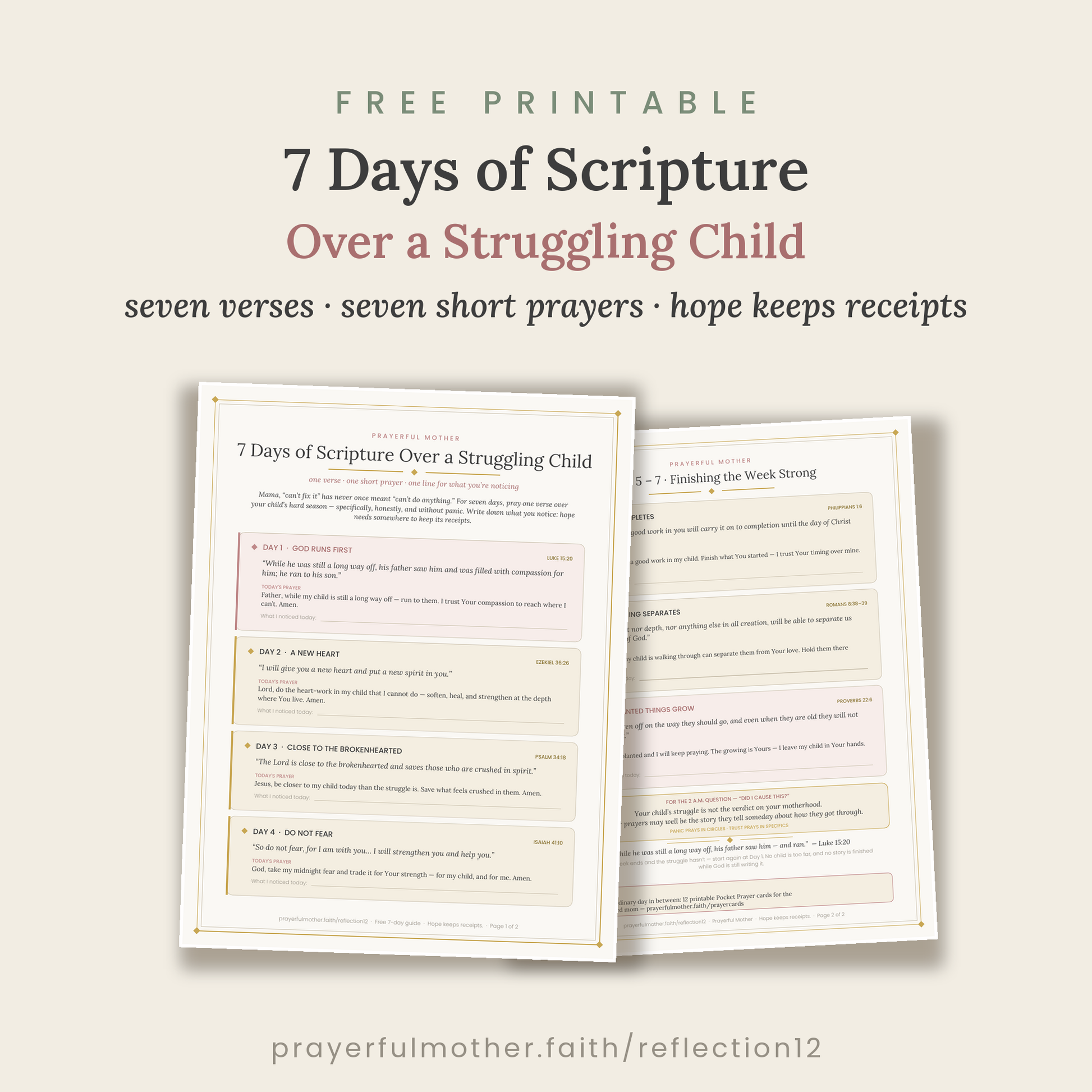 Front and back pages of the 7-day scripture guide for a struggling child