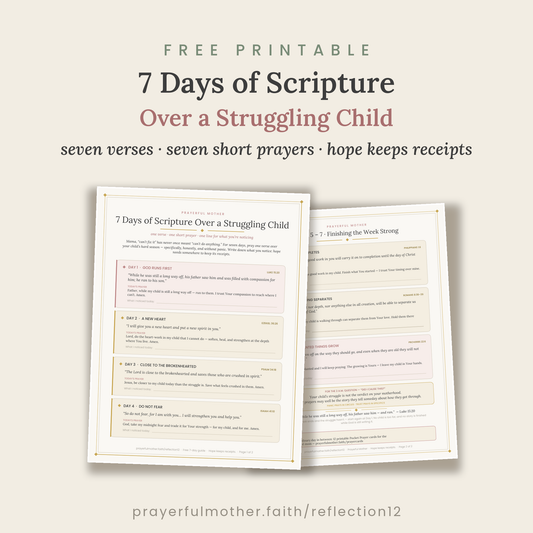 Front and back pages of the 7-day scripture guide for a struggling child